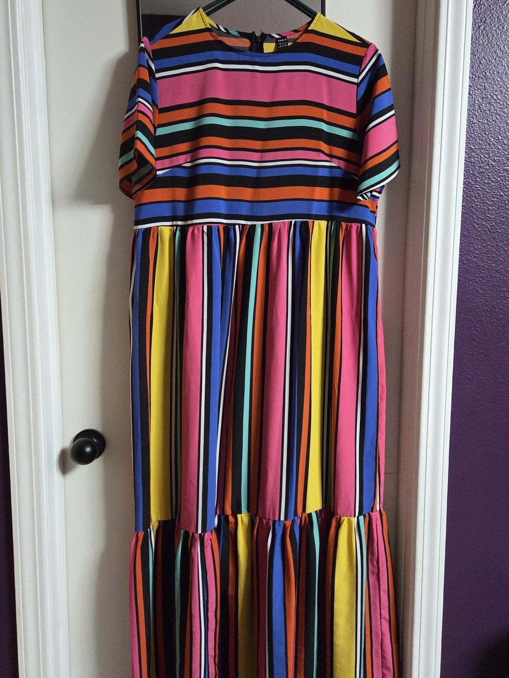 Womens Multicolor Striped Midi Dress - Bright Pink, Yellow & Blue
